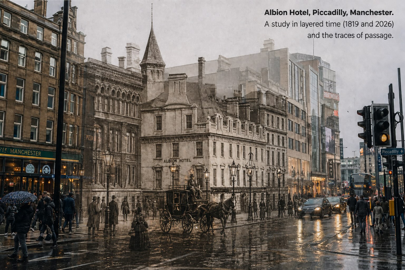 Albion Hotel Piccadilly Manchester then and now composite image