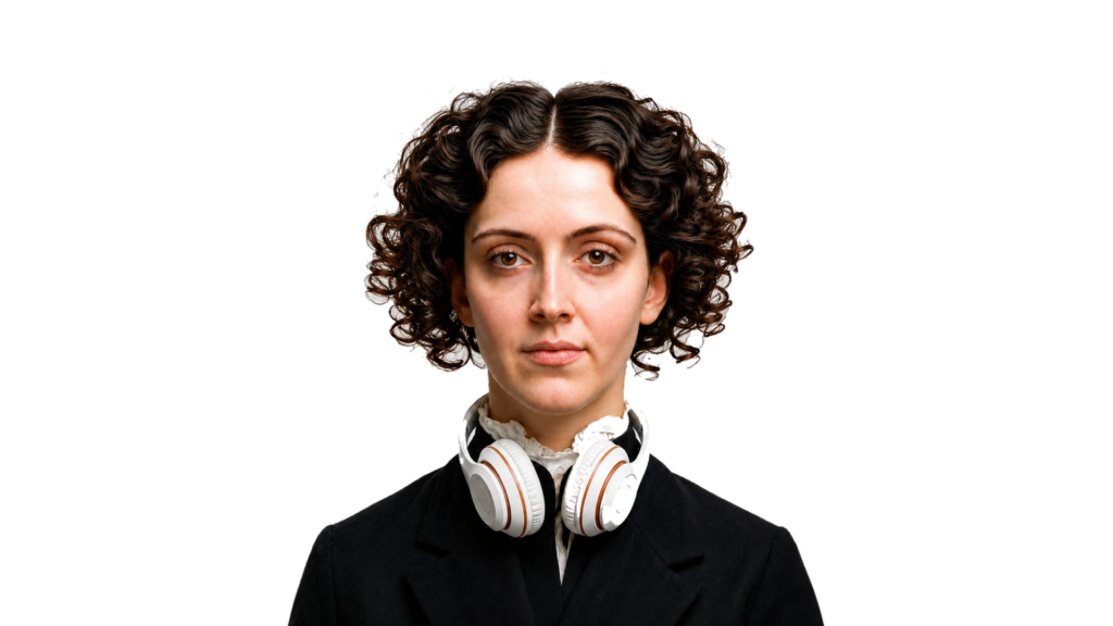 Imagined portrait of Anne Lister wearing modern wireless over ear white ear phones