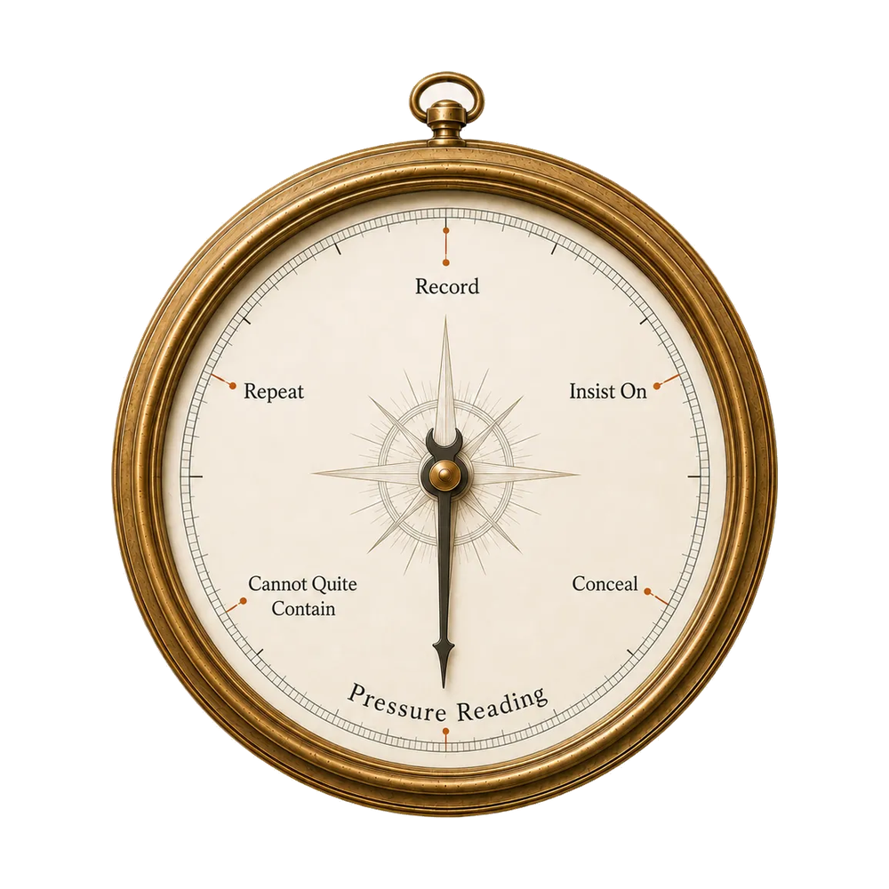 Pressure dial graphic showing Anne Lister Beats method points including Record, Repeat, Insist On, Conceal, Cannot Quite Contain and Pressure Reading.