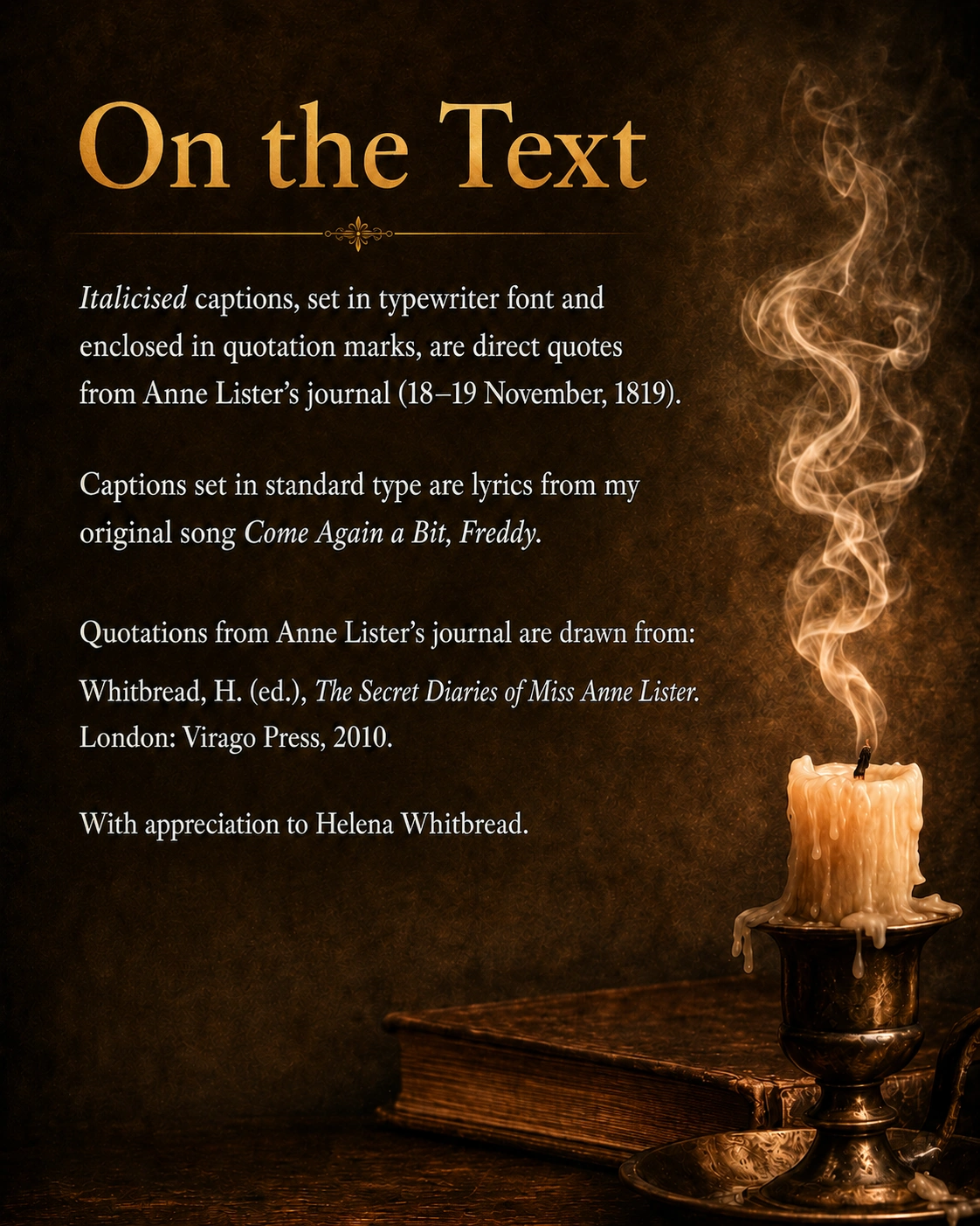 On the Text graphic explaining which SongScape captions are Anne Lister journal quotations and which are lyrics from Come Again a Bit, Freddy.