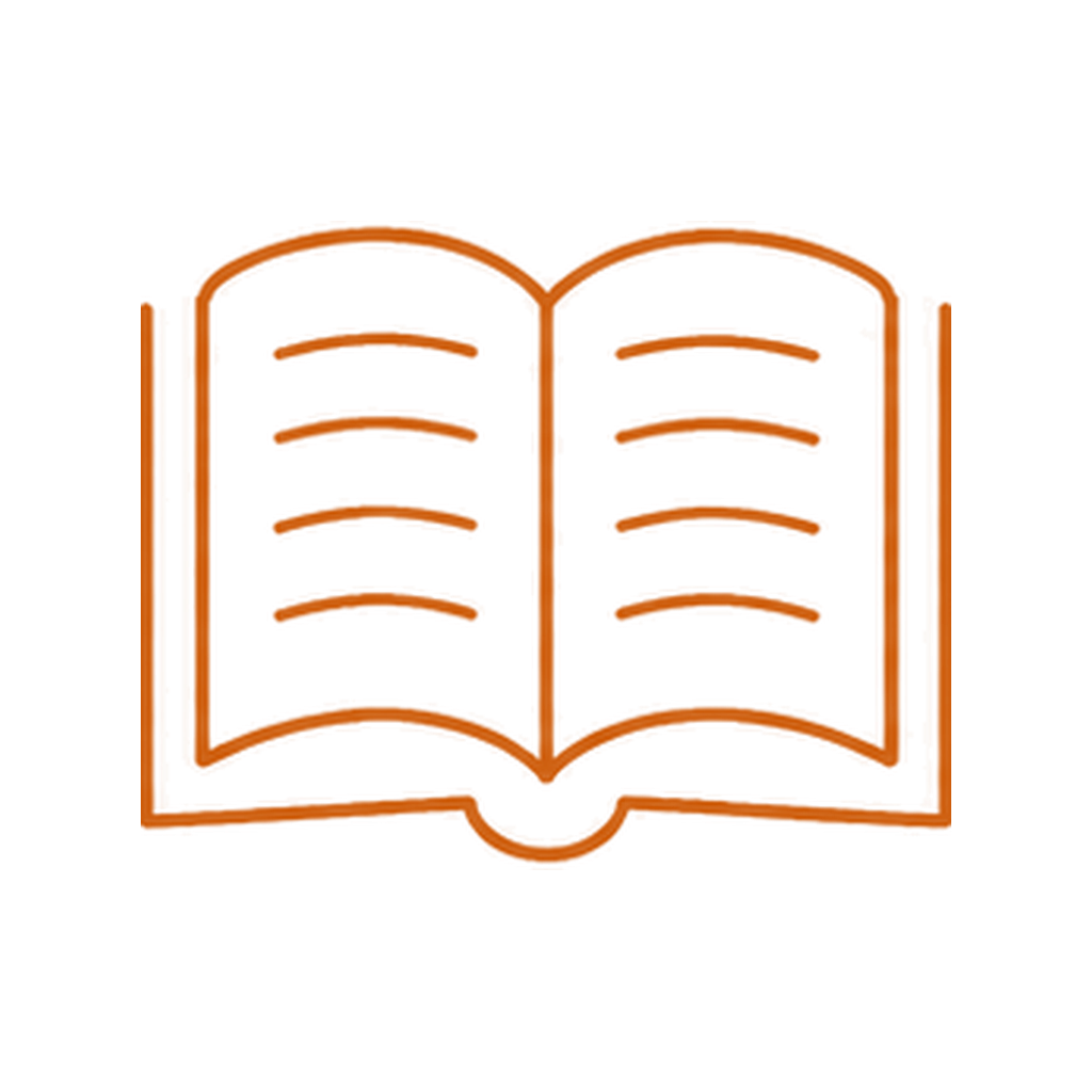 Burnt orange line icon of an open journal, representing Anne Lister’s written source material.