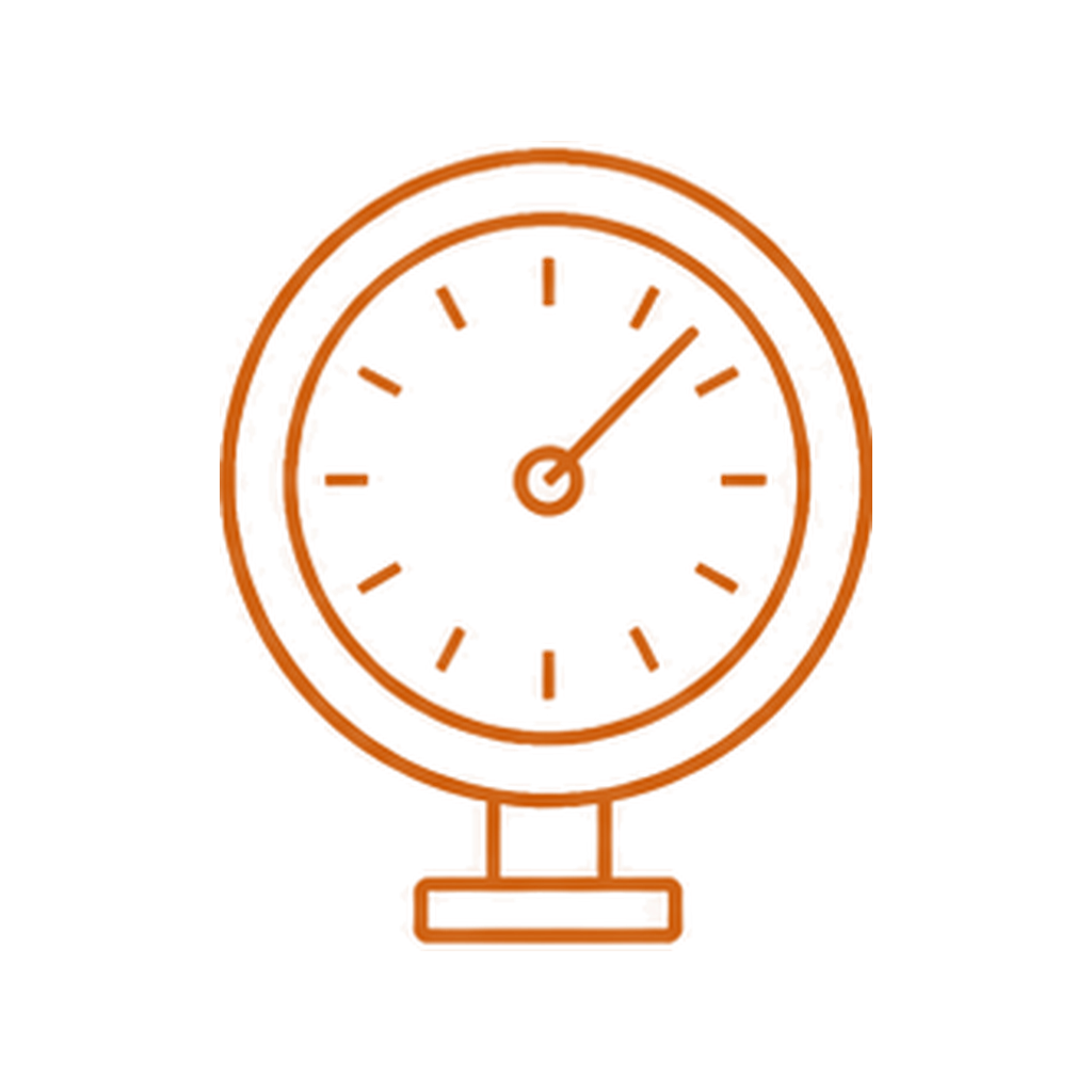Burnt orange line icon of a pressure gauge, representing emotional, historical and textual pressure in Anne Lister’s journal.