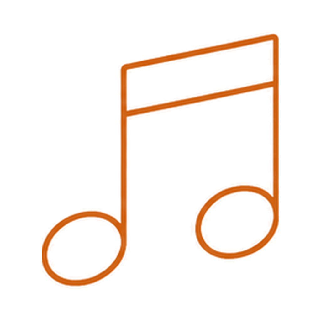 Burnt orange line icon of a music note, representing the transformation of Anne Lister’s journal material into song.