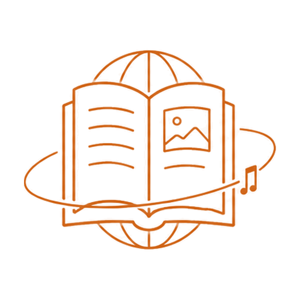Burnt orange line icon of an open book with a globe, orbit line and music note, representing the ALB SongWorld concept.