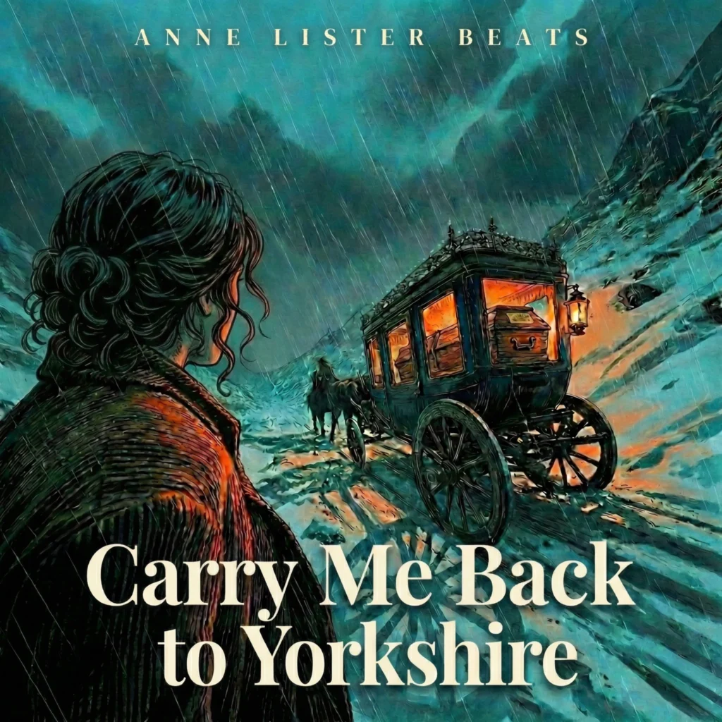 Album cover for Carry Me Back to Yorkshire by Anne Lister Beats: Anne Lister watches a warmly lit carriage crossing a snowy mountain pass.